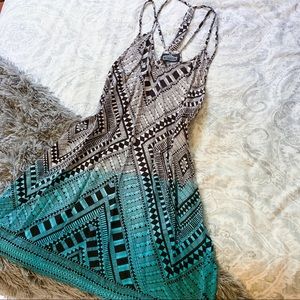 White and Turquoise Aztec Print Dip Dyed Dress